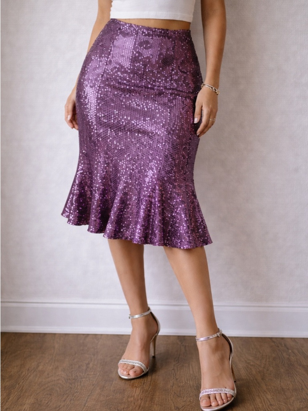 Joseph Ribkoff Purple Sequin Flare Skirt Size 8 Disco Party Glam